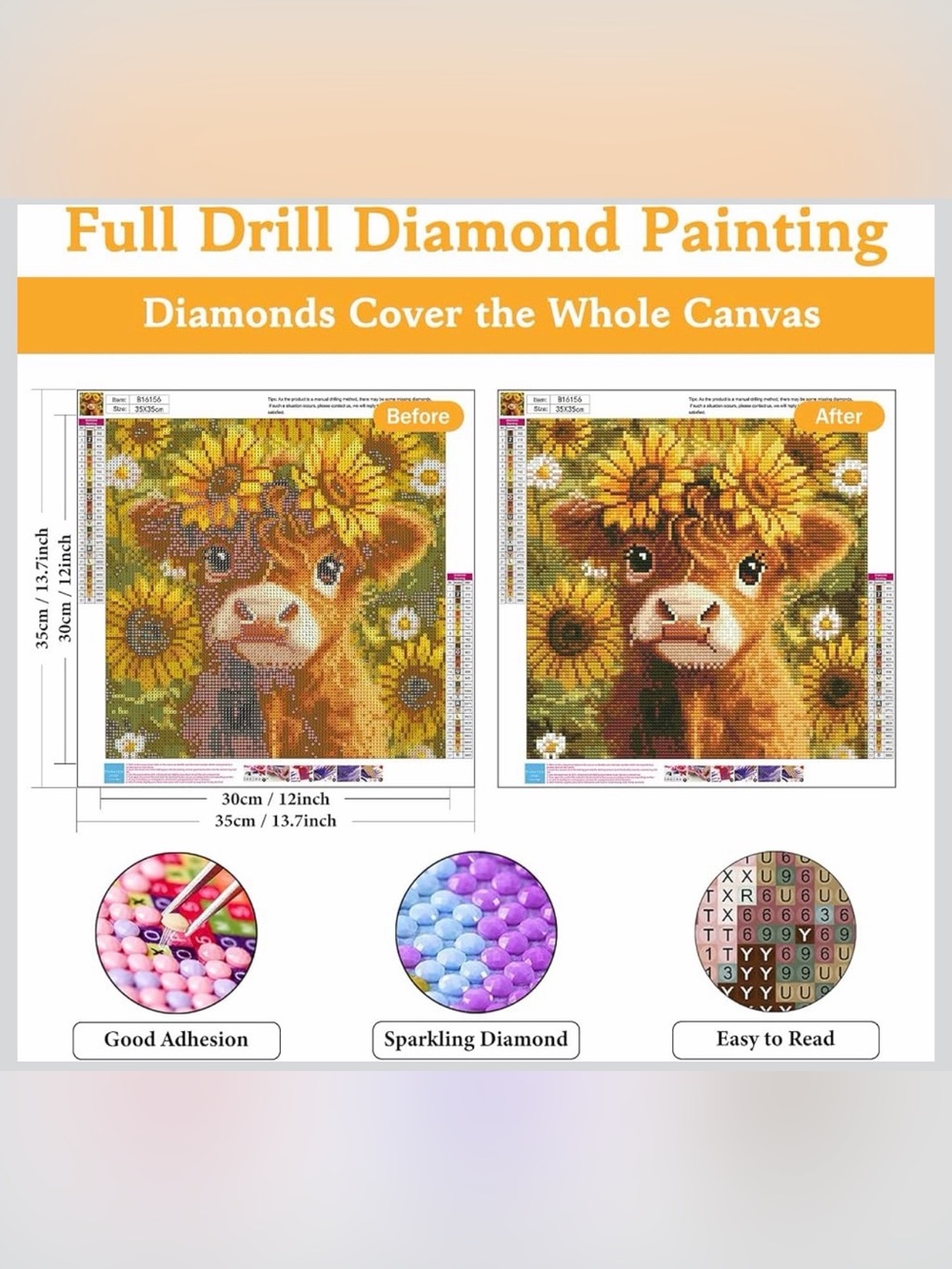 Diamond Art Kit - Calf with Sunflowers, approx. 11.8 x 11.8 Canvas, round